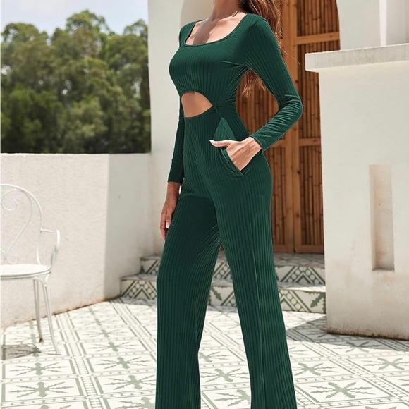 Fixmatti Womens Ribbed Wide Leg Jumpsuit Scoop Neck Long Sleeve Cutout Waist - Picture 5 of 8